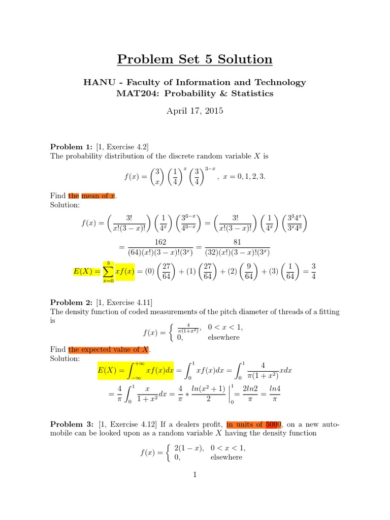 Probability & Statistics Problem Set 5 | PDF | Variance | Probability ...