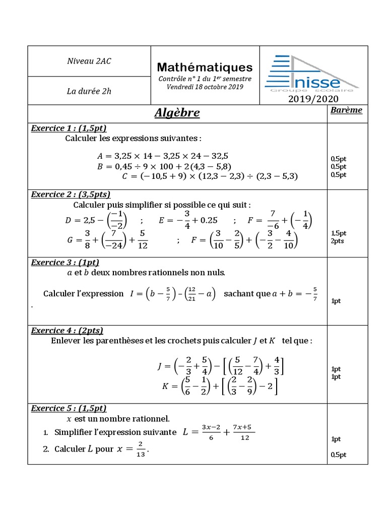 Contrôle de maths 2AC Semestre 1 | PDF | Mathématiques