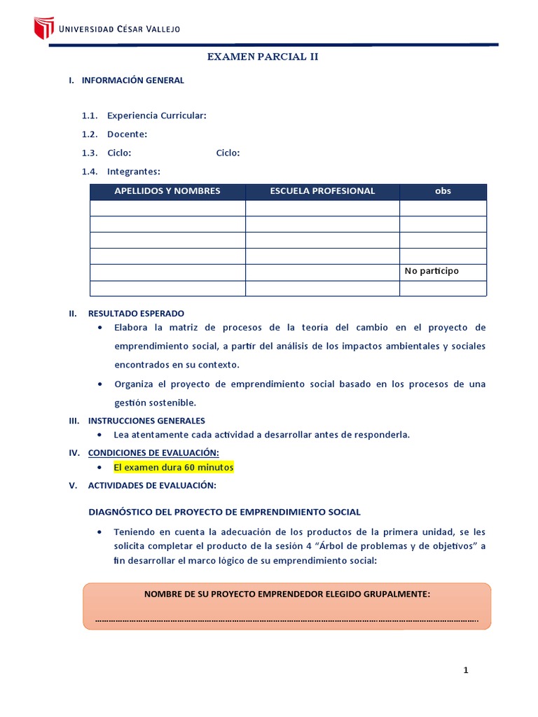 Examen Parcial II: Emprendimiento Social | PDF | Iniciativa empresarial ...