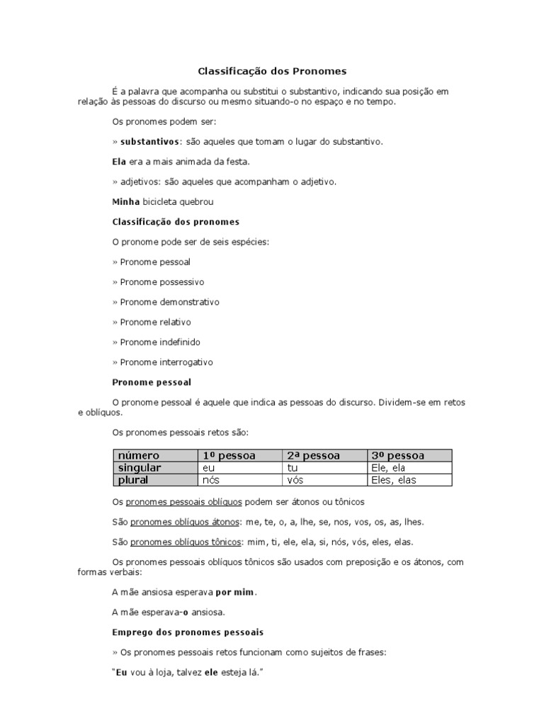 Classificação dos Pronomes em Português | PDF | Pronome | Unidades ...