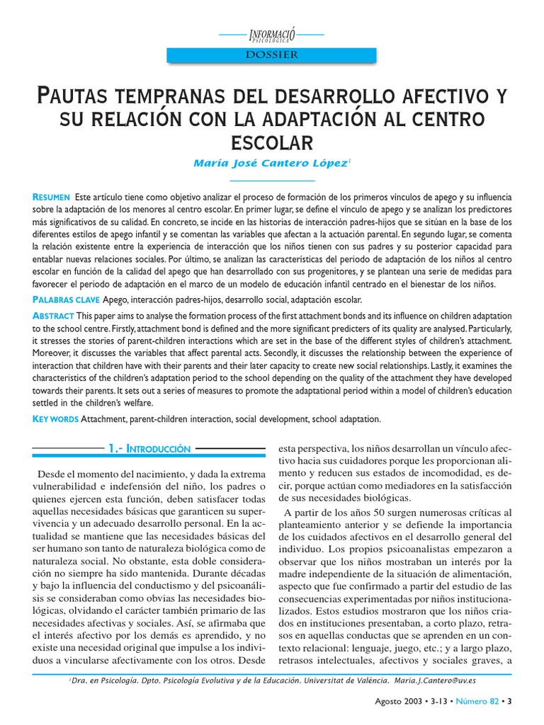 Apego y adaptación escolar infantil | PDF | Teoría de apego | Las emociones