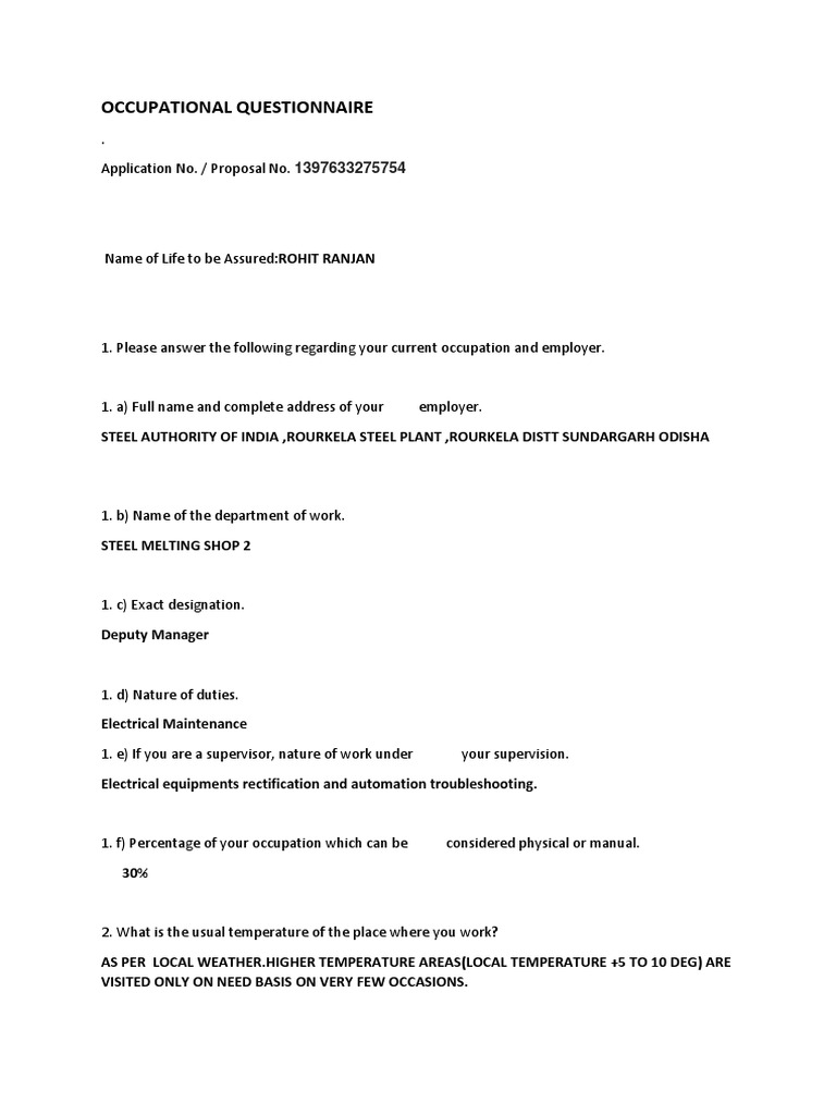 Occupational Questionnaire | PDF