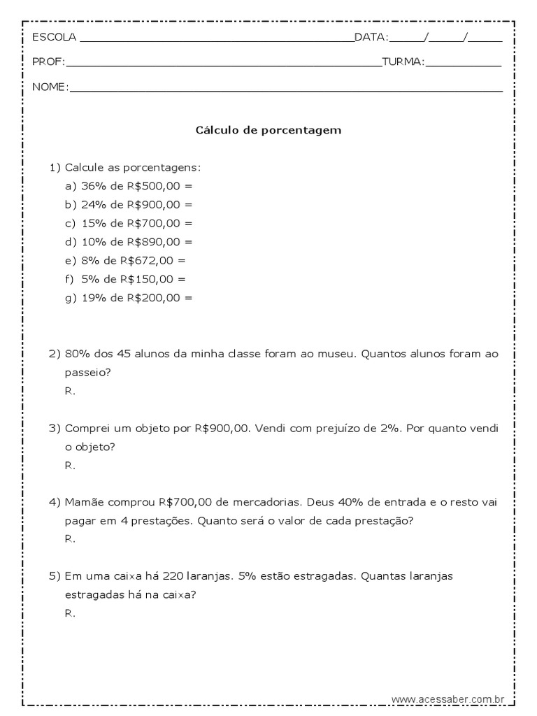 Atividades de Porcentagem 4º Ano | PDF