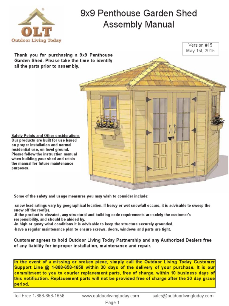 9x9 Penthouse Garden Shed Assembly Manual: Version #15 May 1st, 2015 ...