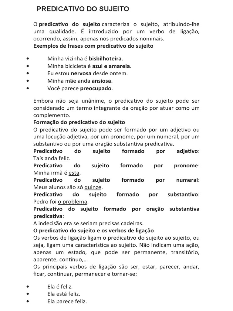 Predicativo Do Sujeito e Do Objeto | PDF | Assunto (gramática ...