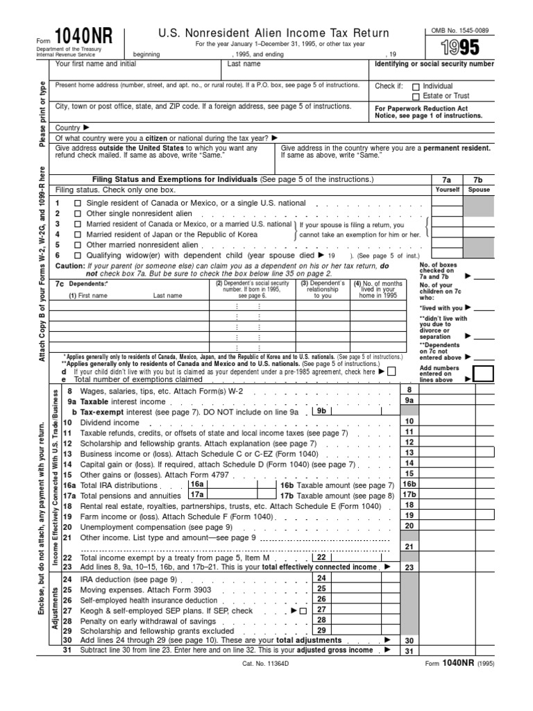 US Internal Revenue Service: f1040nr--1995 | Tax Deduction | Irs Tax Forms