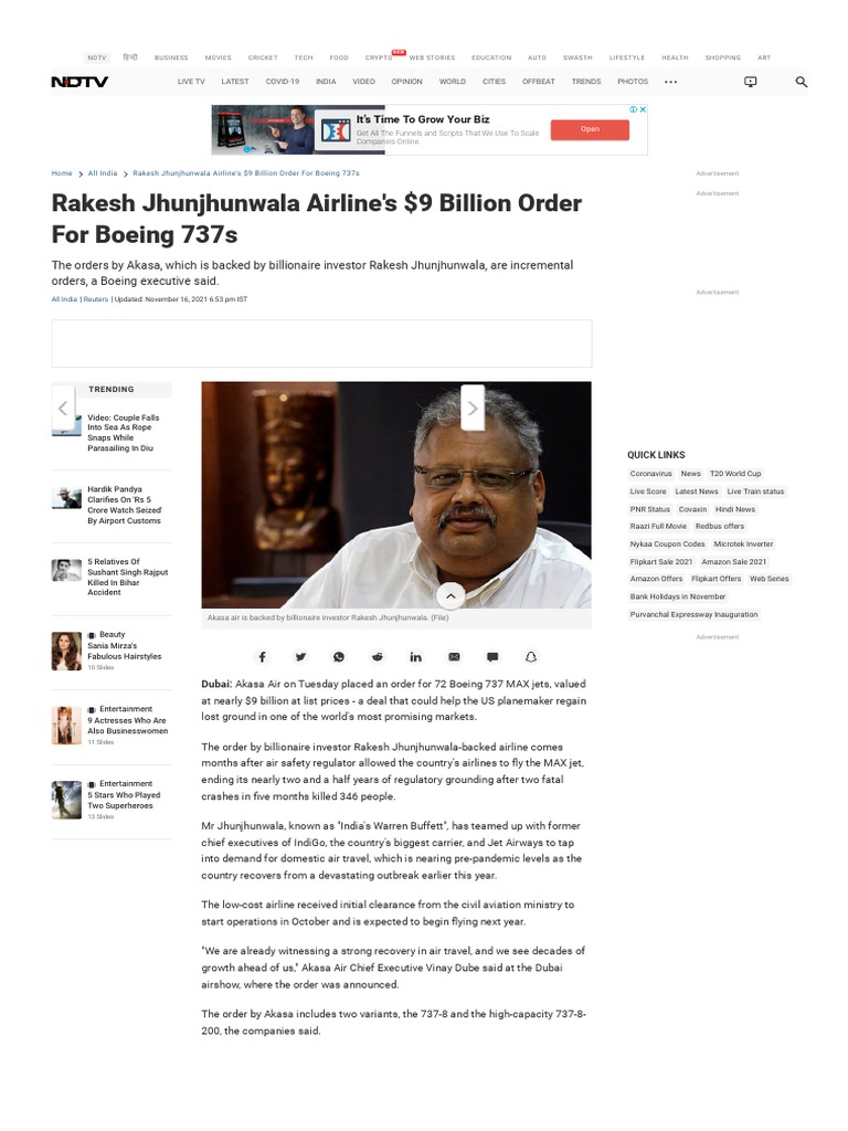 Rakesh Jhunjhunwala Airline's 9 Billion Order For Boeing 737s PDF Aviation Transport
