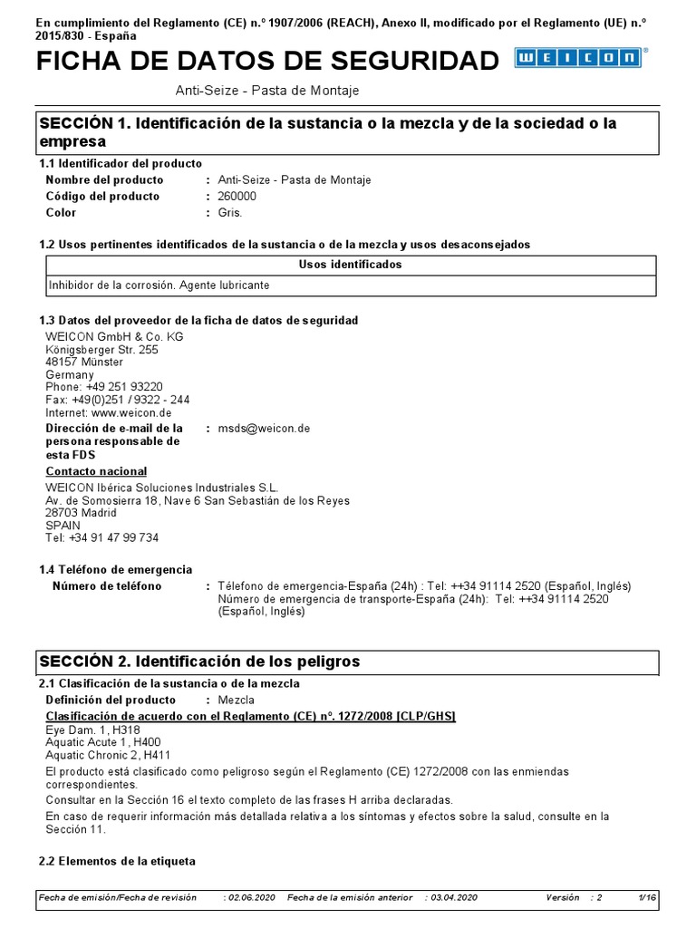 MSDS AntiSeize (Pasta de Montaje) WEICON PDF Toxicidad Agua