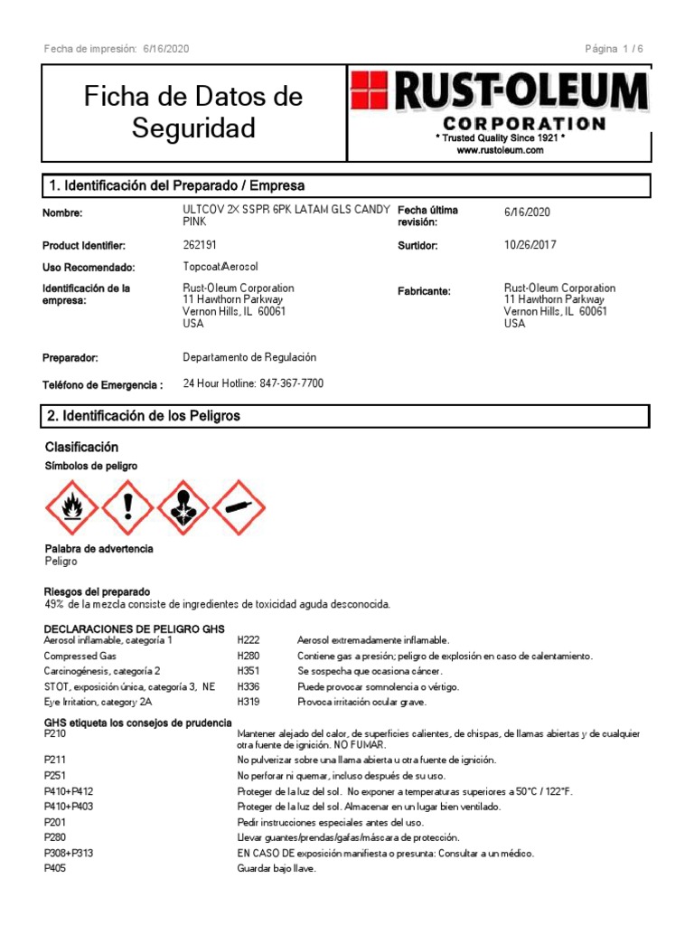 Msds Aerosol Ultra Cover 2x Rust Oleum Rosa Claro | PDF | Agua | Combustión