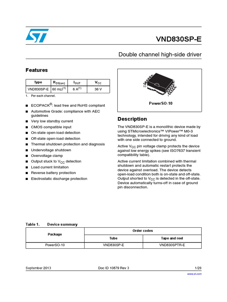 VND830SP-E: Double Channel High-Side Driver | PDF | Electrical ...