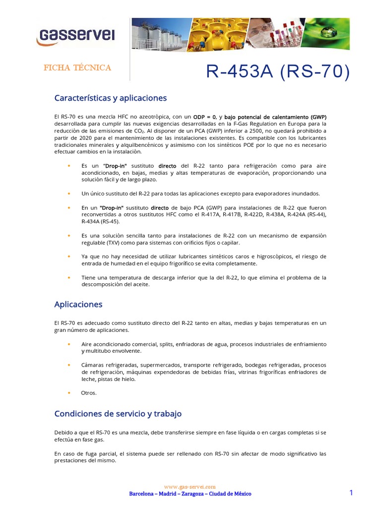 Ficha Técnica del R-453A (RS-70) | PDF | Naturaleza | Fases de la materia