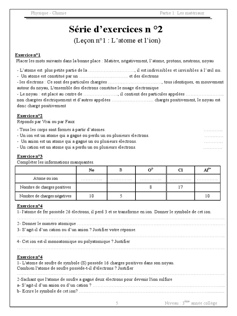 Exercices sur atomes et ions 3ème | PDF | Atomes | Ion