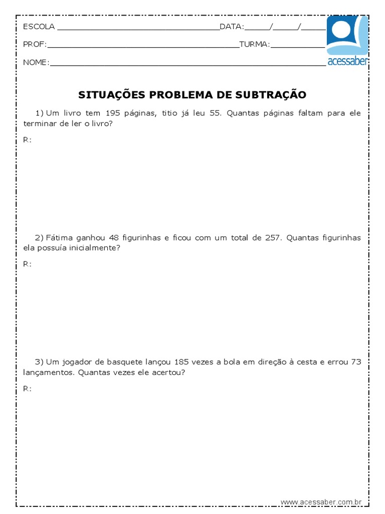 Atividade de Matematica Problemas de Subtracao 4 Ano 1 | PDF