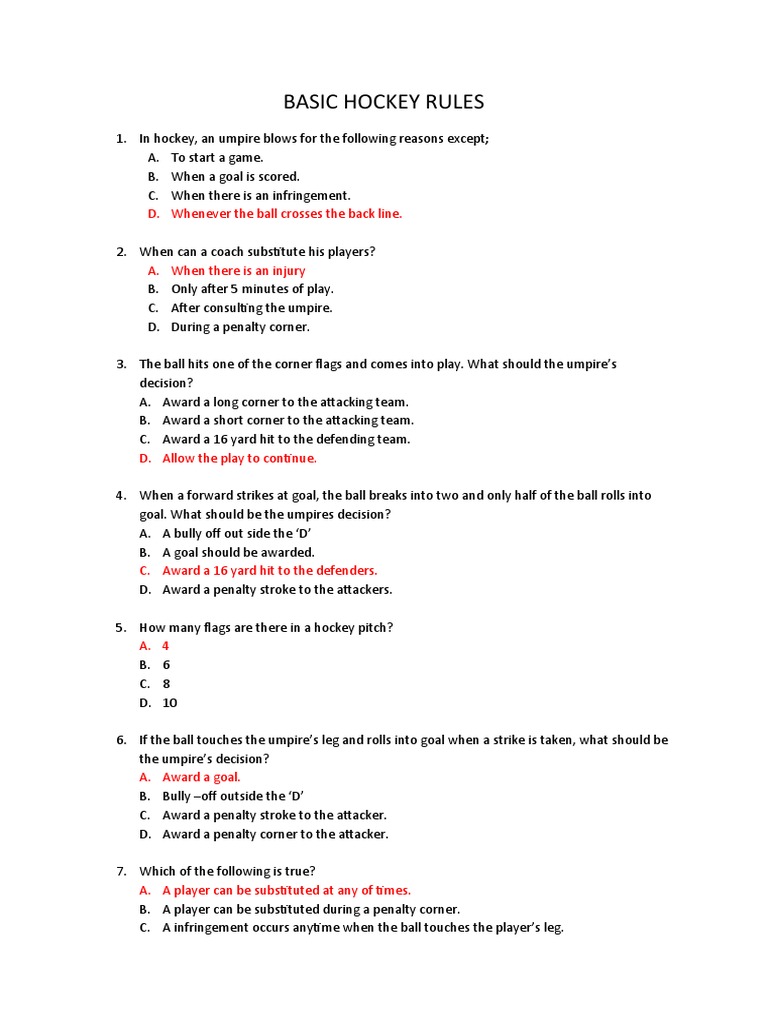 Basic Hockey Rules D. Whenever The Ball Crosses The Back Line PDF