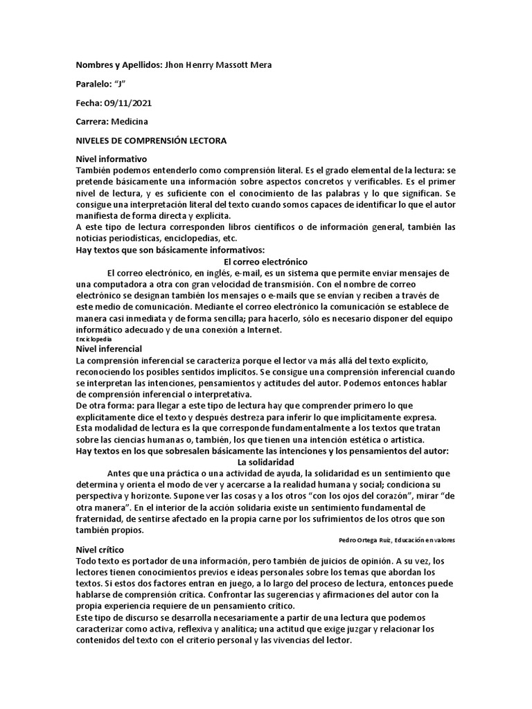 Niveles de Comprensión Lectora | PDF | Comprensión lectora | Inferencia
