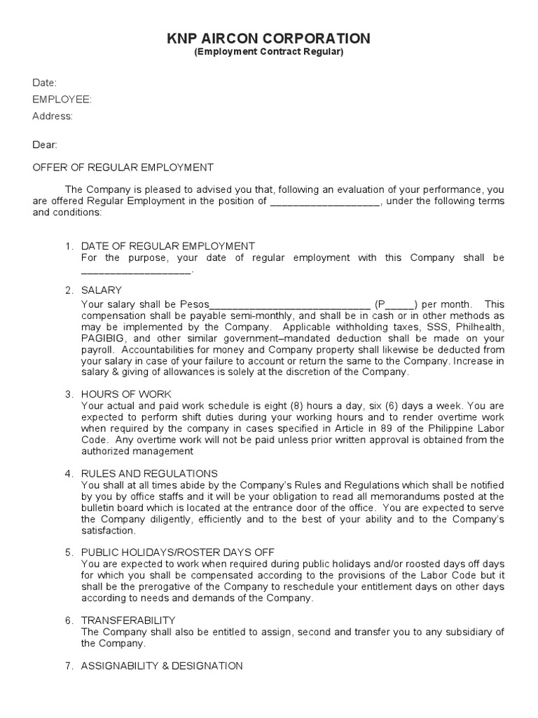 Regular Employment Contract | PDF | Employment | Overtime