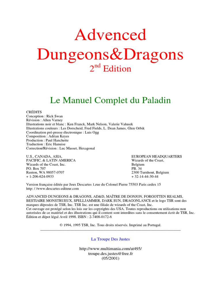 DUNGEONS & DRAGONS - MANUEL COMPLET DU PALADIN VF - AD&D 2nd EDITION - TSR 2147F EUR 30,00