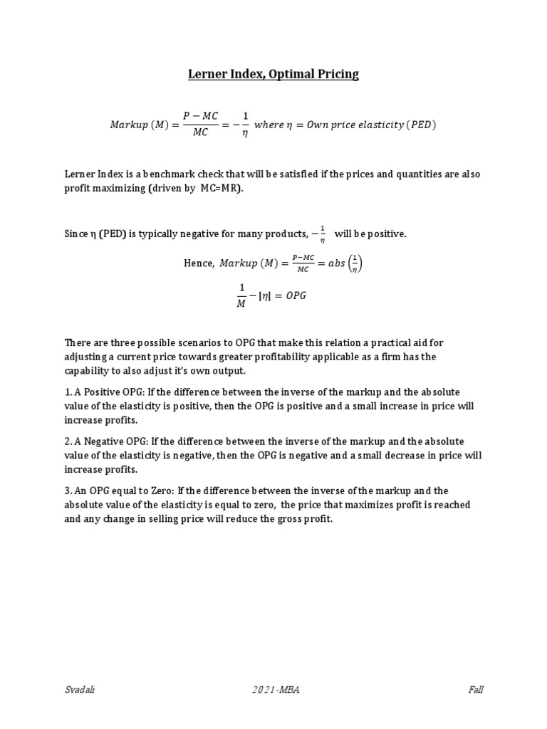 Lerner Index and Optimal Pricing PDF