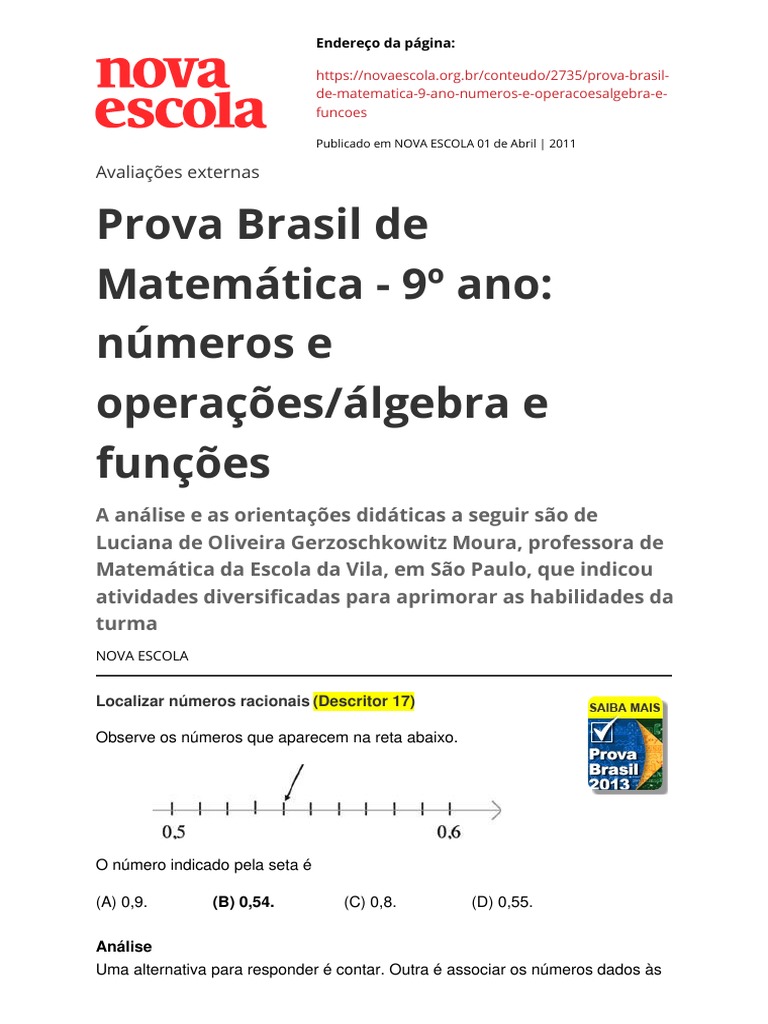 Prova Brasil de Matematica 9 Ano Numeros e Operacoesalgebra e ...