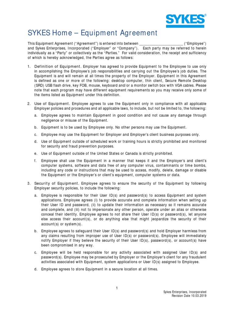 SYKES Home Equipment Agreement Updated PDF Password Employment