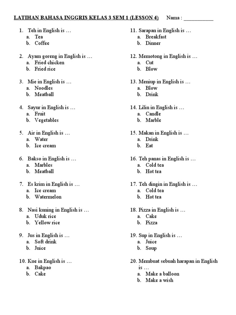 Latihan Bahasa Inggris Kelas 3 Sem 1 Lesson 4 Download Free Pdf