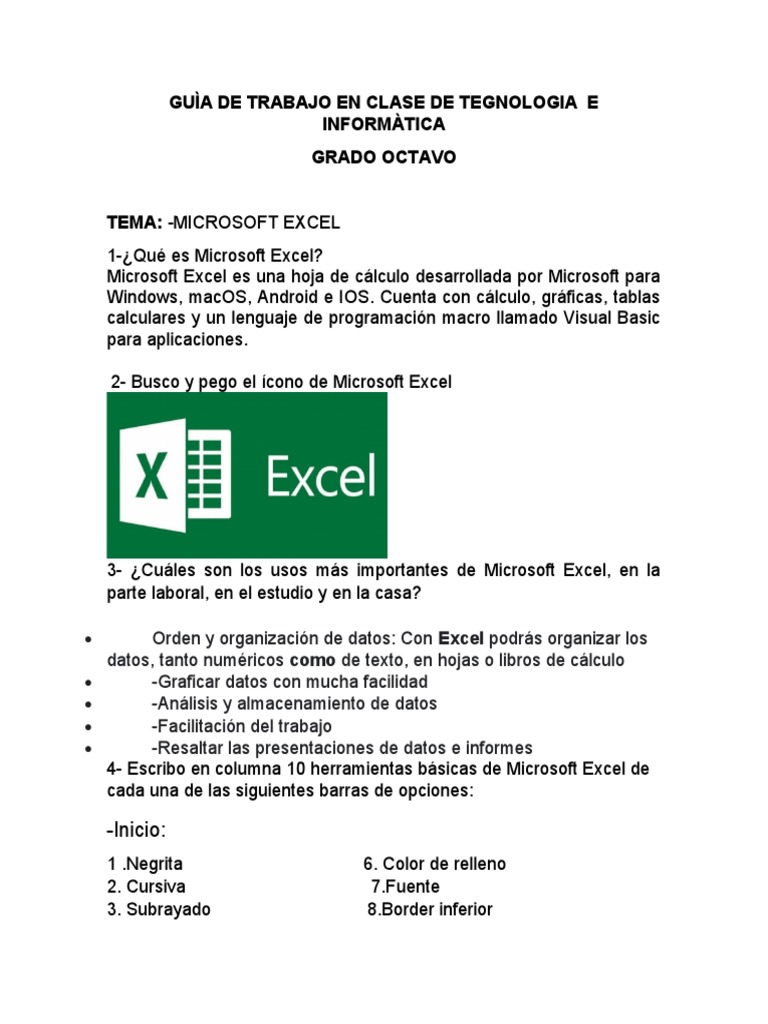 Guía Excel para Estudiantes de 8º Grado | PDF | Microsoft Excel ...