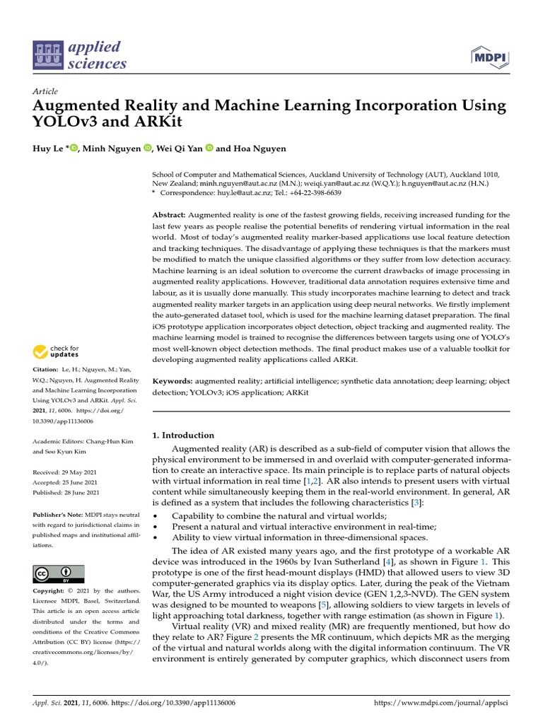 Applied Sciences Augmented Reality and Machine Learning Incorporation Using Yolov3 and Arkit