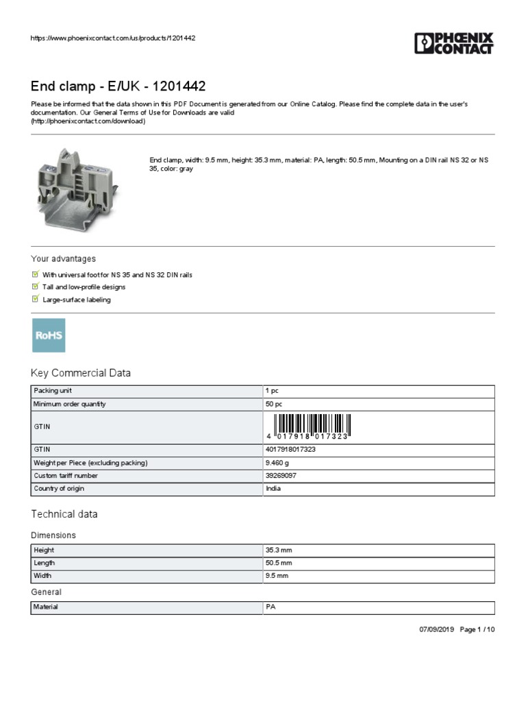 End Clamp E/UK 1201442 Key Commercial Data PDF