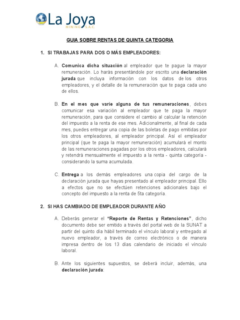 Guía de Rentas Quinta Categoría | PDF | Salario | Impuesto sobre la renta