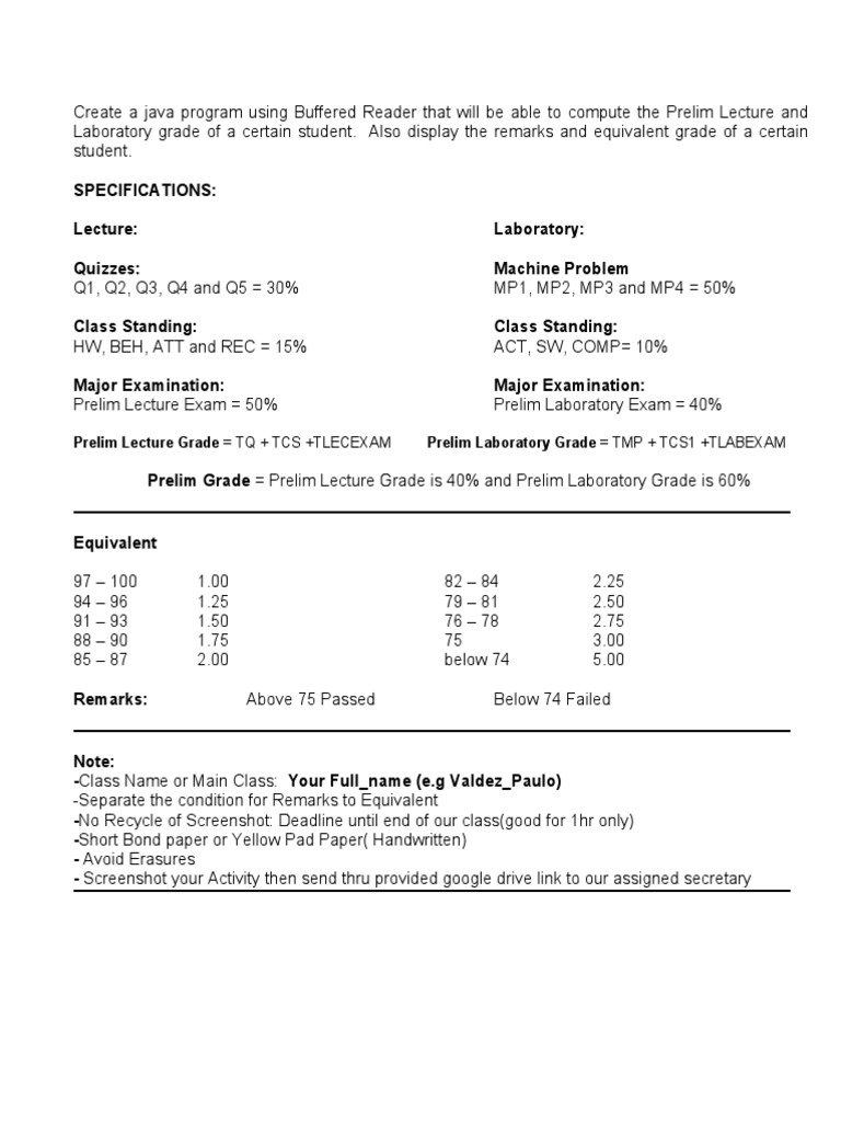 Prelim Lecture Grade TQ + TCS +TLECEXAM Prelim Laboratory Grade TMP ...