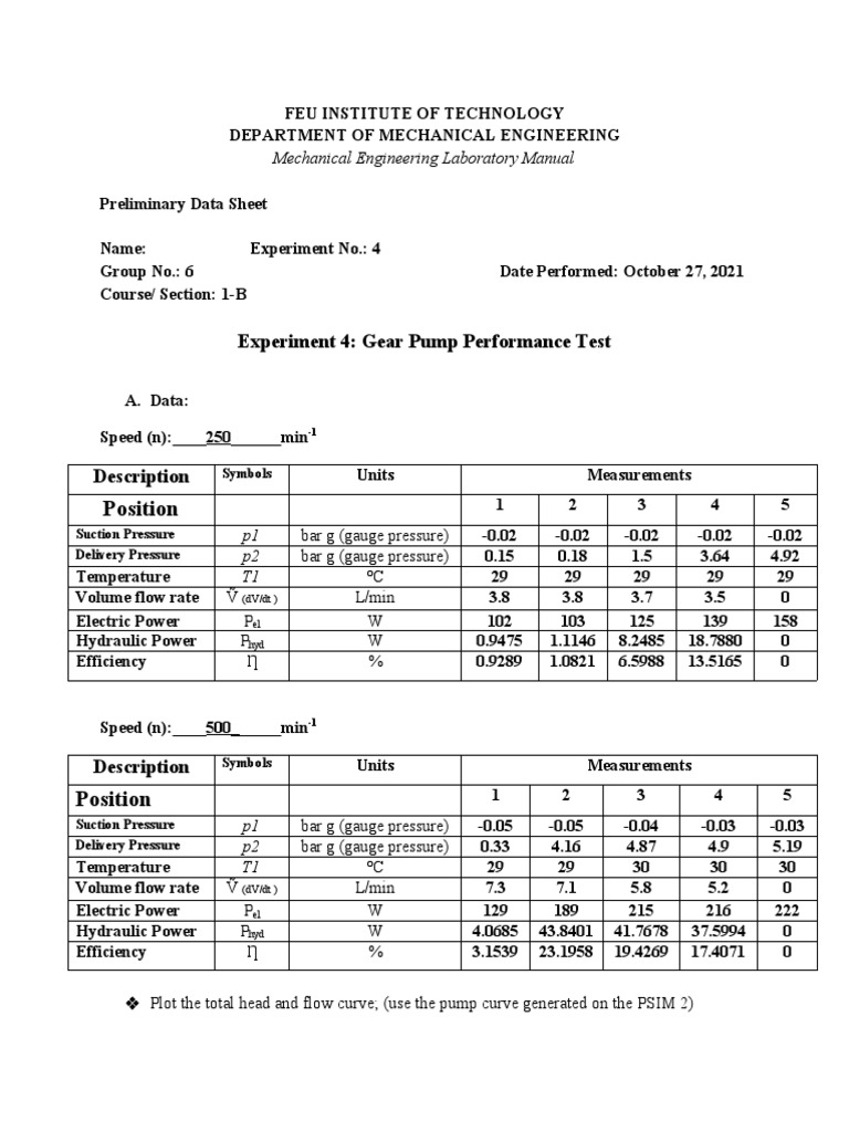 Position Experiment 4 Gear Pump Performance Test PDF Pump Gear