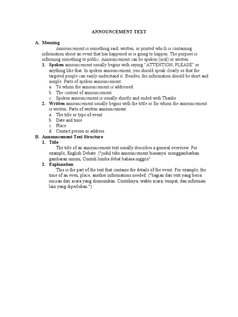 Announcement Text A. Meaning PDF Grammatical Tense Noun