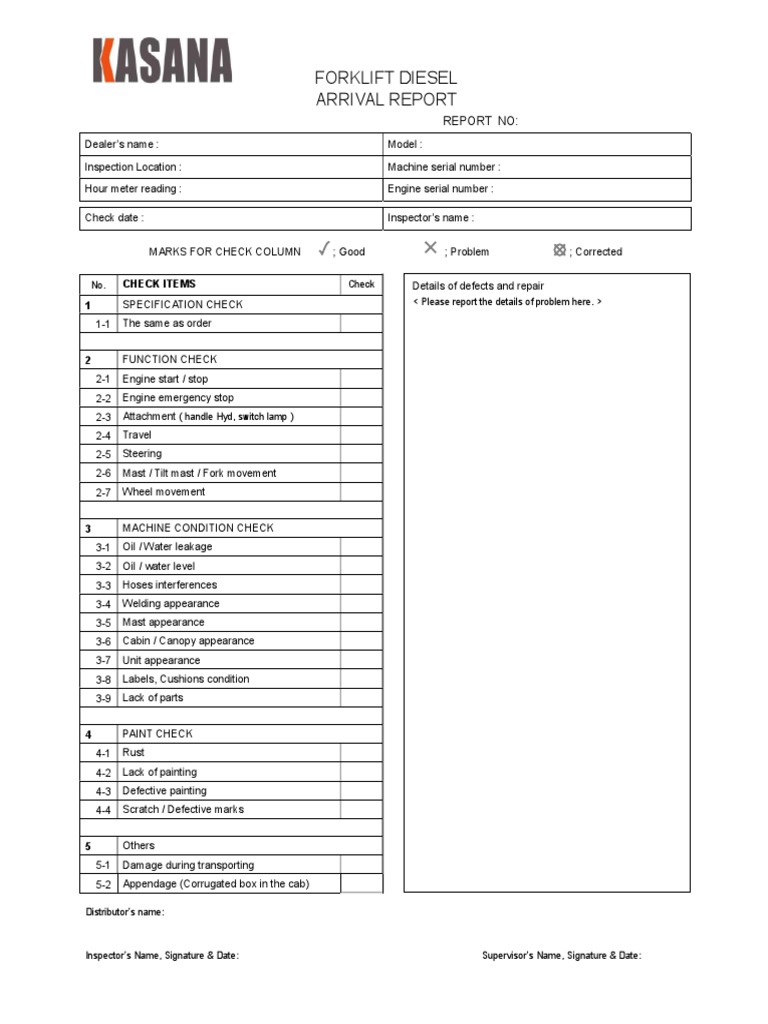 Forklift Diesel Arrival Inspection Report | PDF | Technology & Engineering