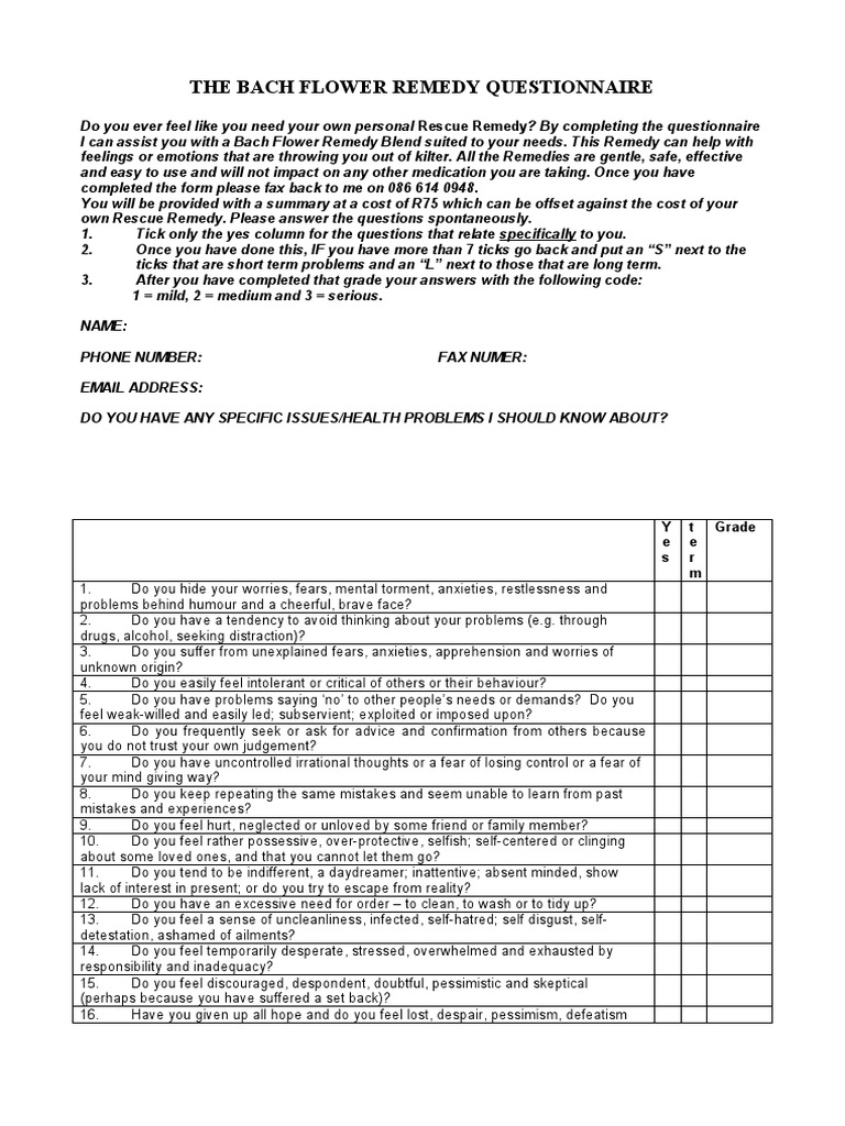Bach Flower Remedy Questionnaire PDF Anxiety Pessimism