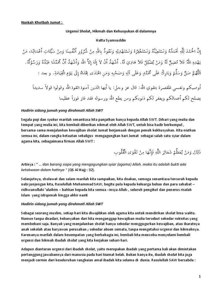 Khotbah Jumat Urgensi Sholat Dan Hikmah