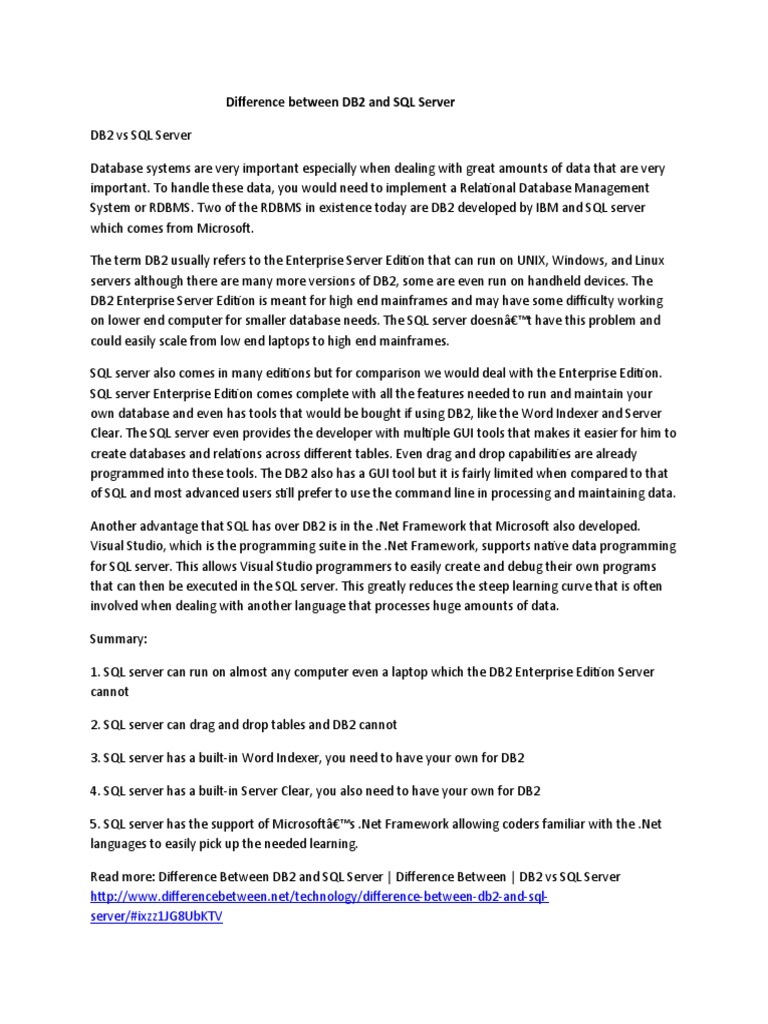 Difference Between DB2 and SQL Server PDF Microsoft Sql Server Sql