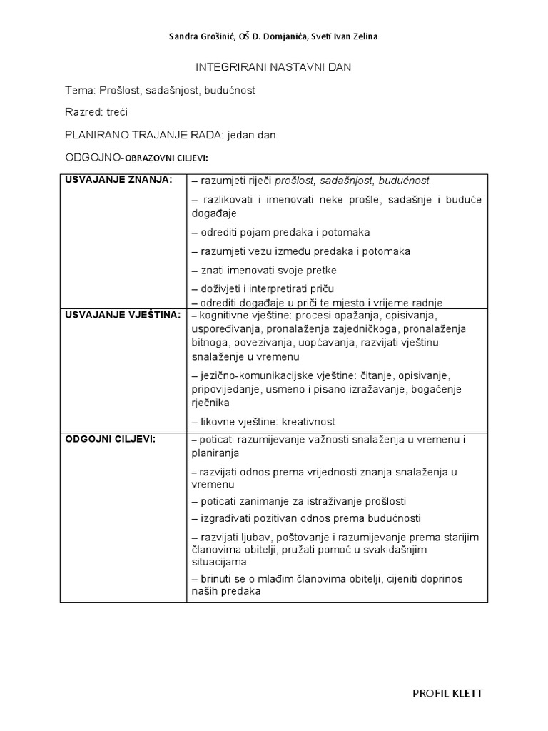 12 Integrirani Nastavni Dan Sadasnjost Proslost Buducnost PDF