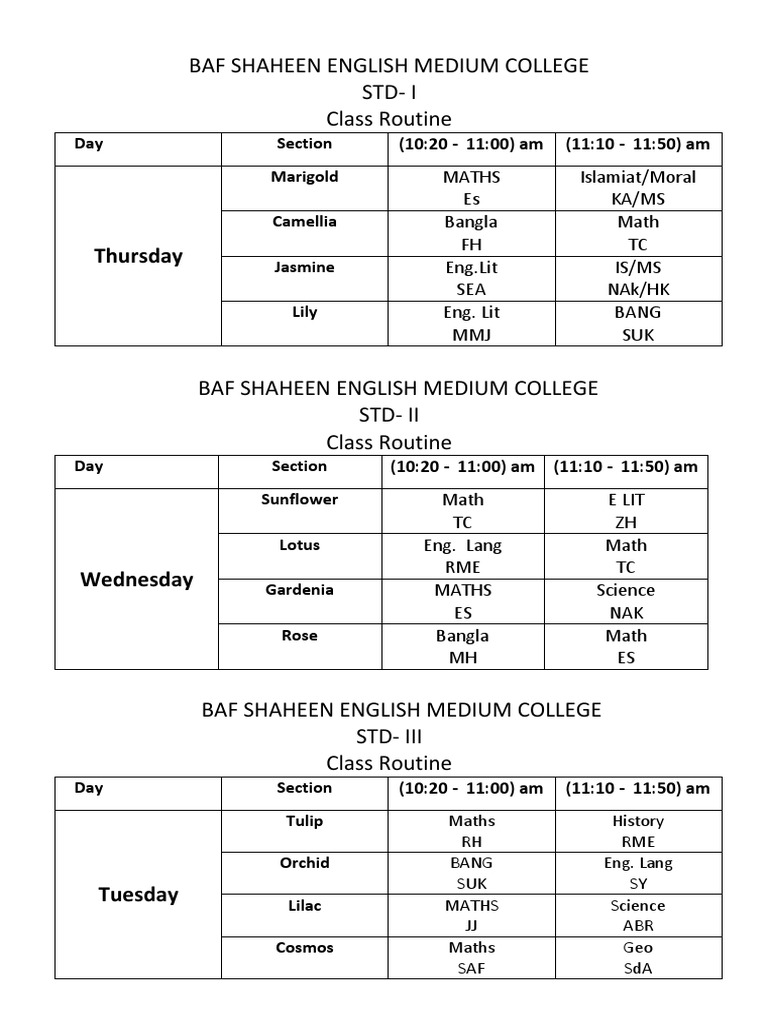 BAF Shaheen College Class Routine | PDF