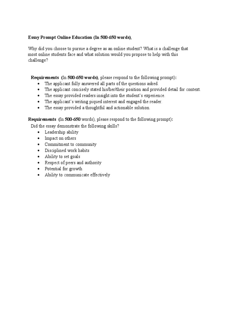 Essay Prompt Online Education (In 500-650 Words) | PDF | Career ...