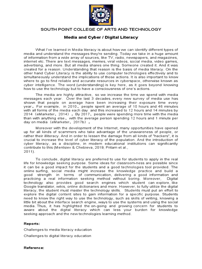 Media and Cyber Digital Literacy Reflection PDF Mass Media Cyberspace