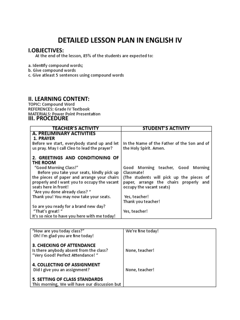 Compound Words Lesson Plan for Grade 4 | PDF | Lesson Plan