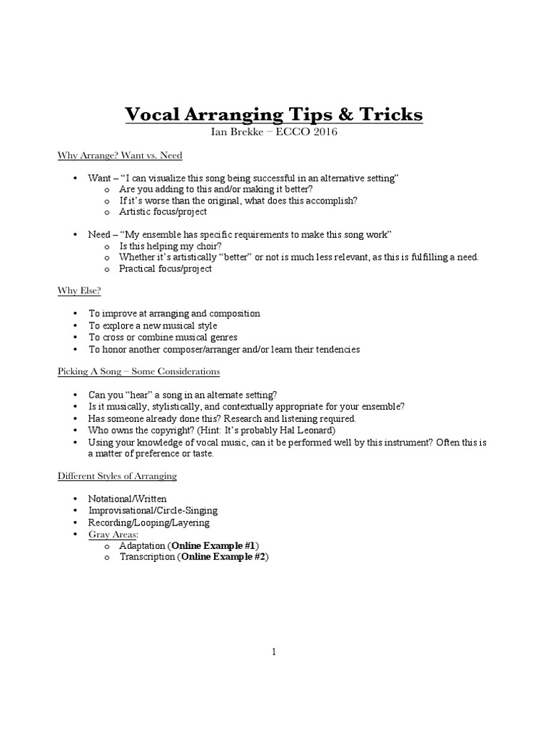 Vocal Arranging Tips Handout | PDF | Language Arts & Discipline