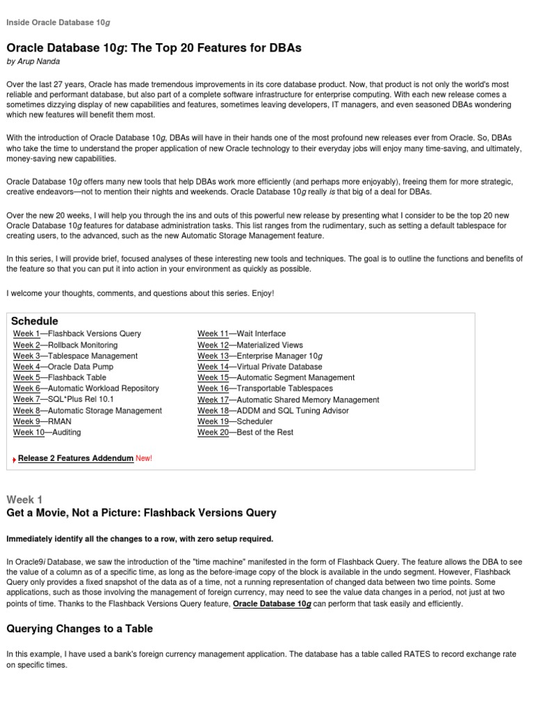 Oracle Database 10G: The Top 20 Features For Dbas: Schedule | PDF ...