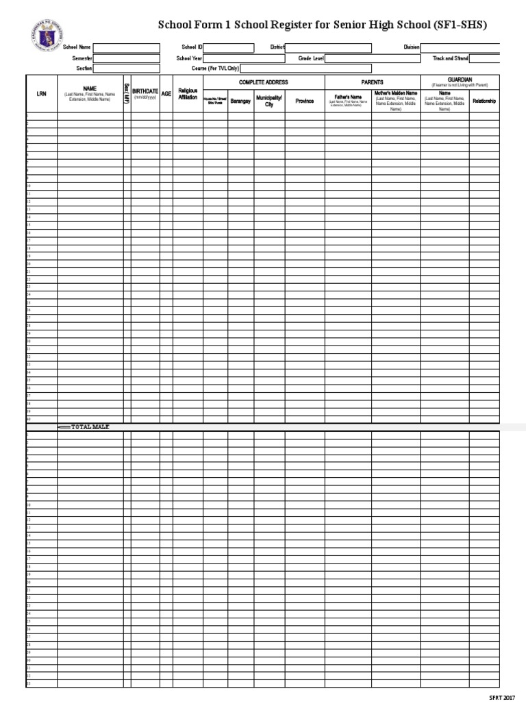 School Form 1 School Register For Senior High School (SF1-SHS) | PDF ...