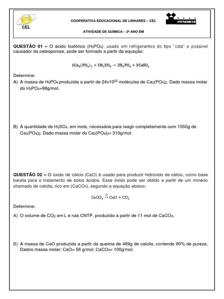 Atividade Avaliativa Sobre Estequiometria | PDF | Mol (unidade ...
