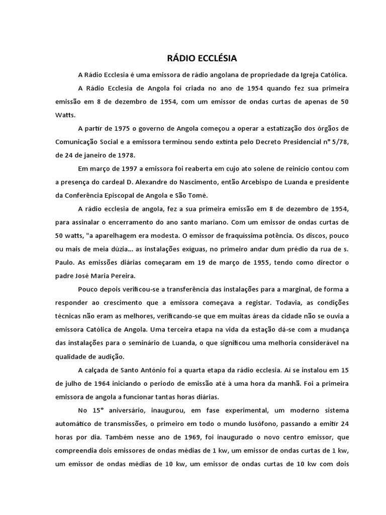 Historia Da Radio Ecclesia PDF Angola Rádio
