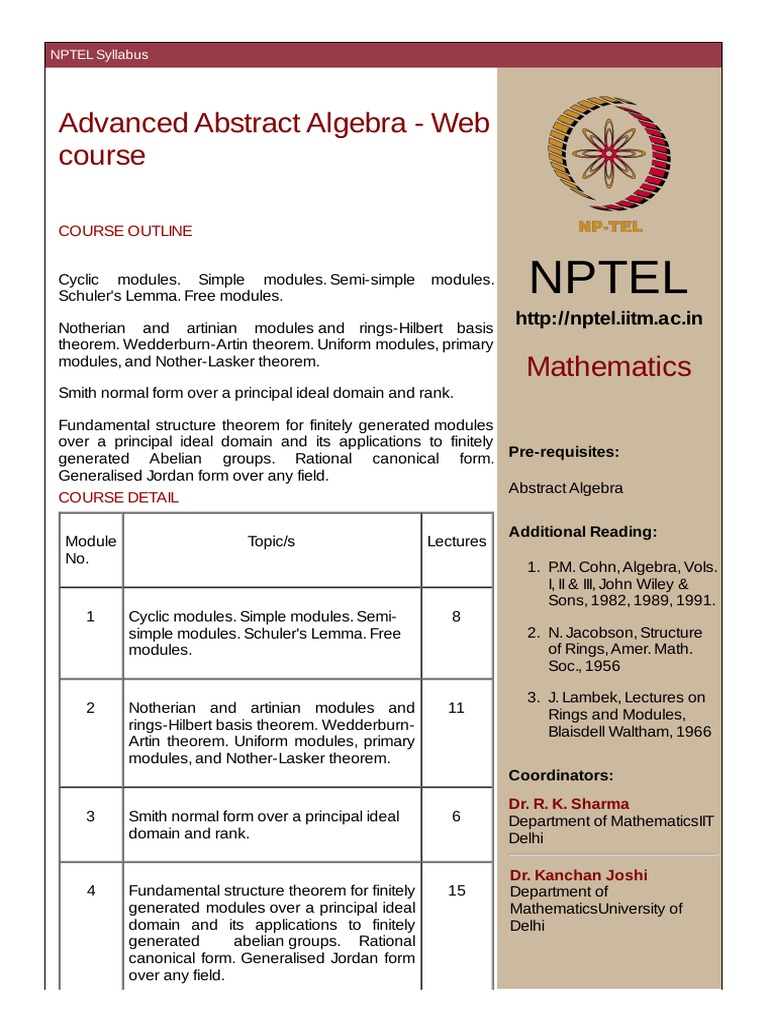 Advanced Abstract Algebra Syllabus | PDF | Module (Mathematics) | Ring ...