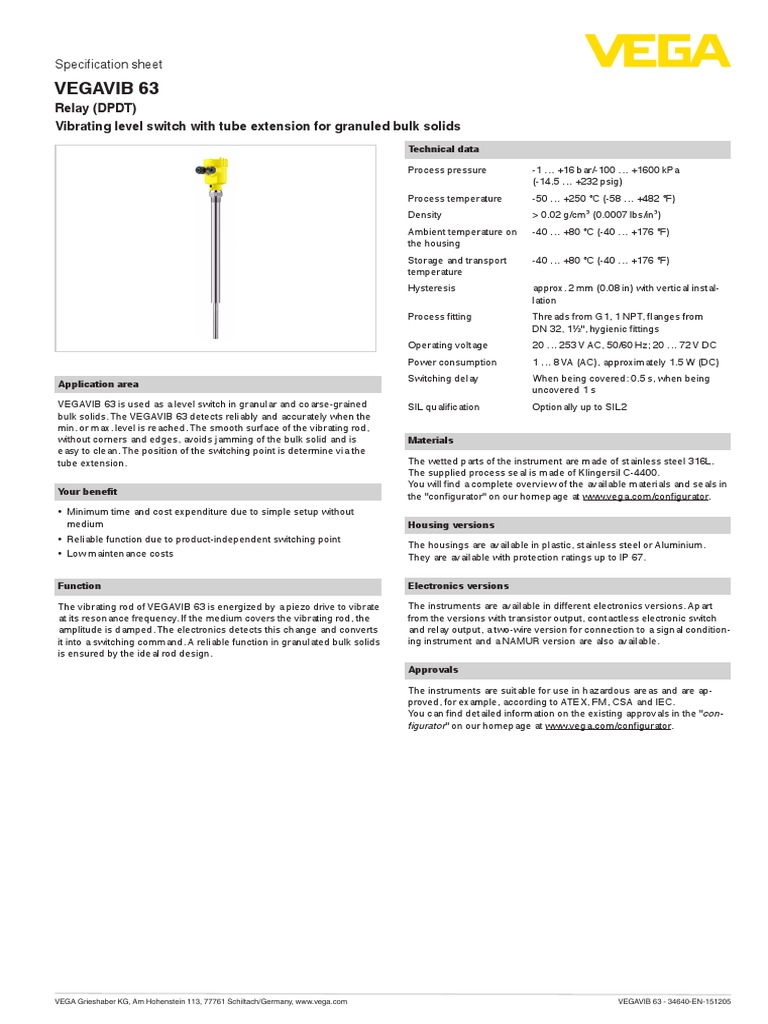 Vegavib 63 Relay (DPDT) Vibrating Level Switch With Tube Extension For Granuled Bulk Solids