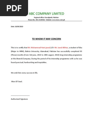 Summer Internship Completion Certificate Format Sample Pakistan