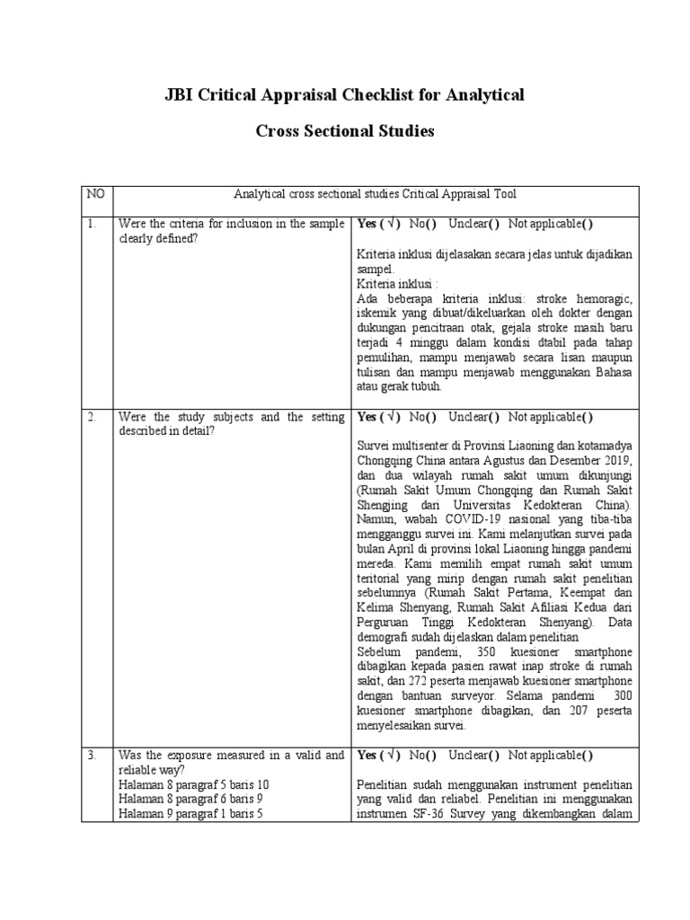 Checklist Penilaian Kritis JBI Studi Cross Sectional | PDF